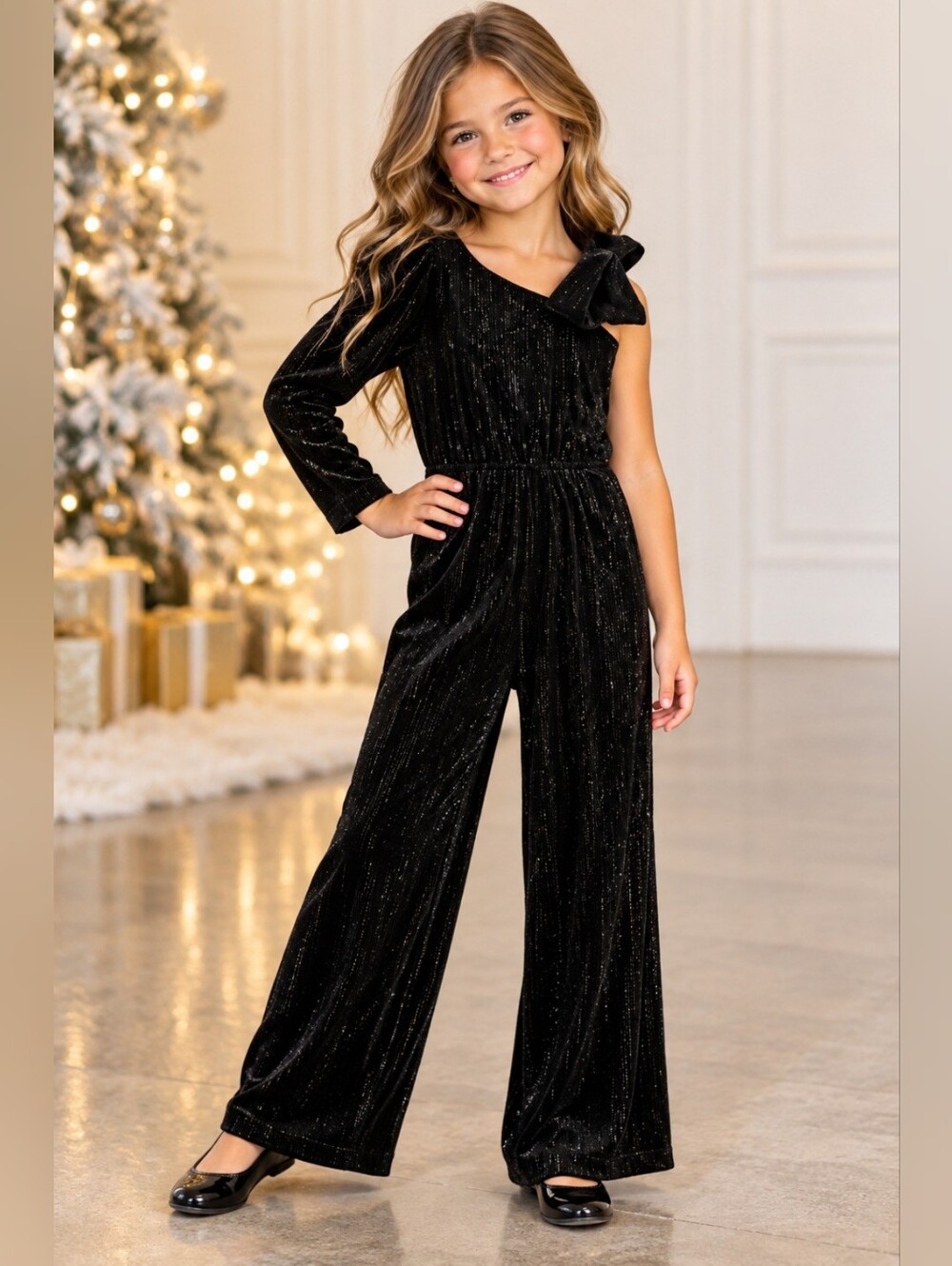 Zara Girls Black Velvet Sparkle One Shoulder Jumpsuit Size 7